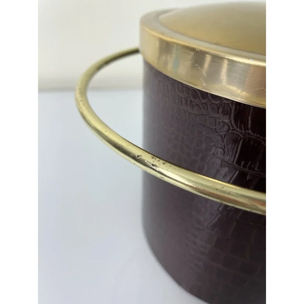 Vintage Faux Leather Crocodile Print Ice Bucket w/ Gold Handle & Lid, Barware